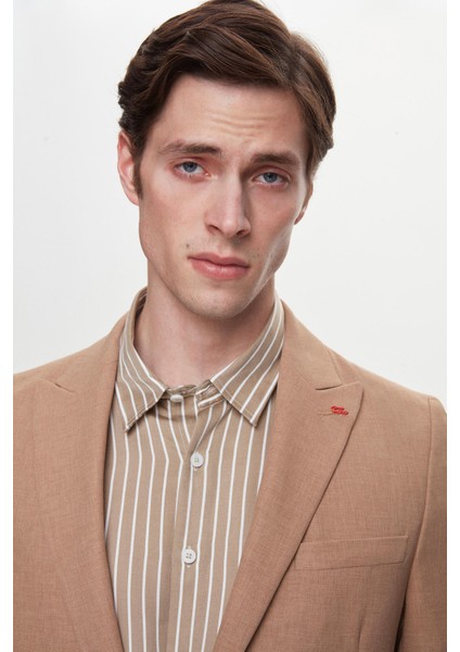 Slim Fit Kahverengi Armürlü Uçan Blazer Kumaş Ceket modelleri