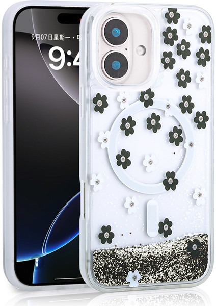 Apple iPhone 16 Uyumlu Kılıf Sıvılı Simli Baskılı Şeffaf Arka Yüzey Akav Mossa Silikon Kapak-Siyah