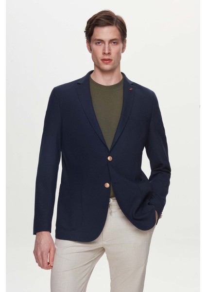 Slim Fit Lacivert Armürlü Kumaş Ceket