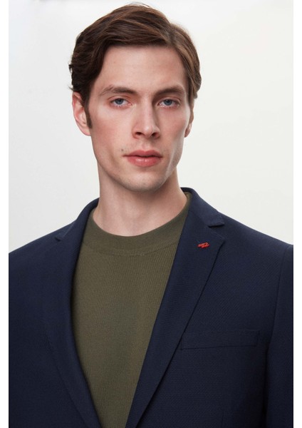 Slim Fit Lacivert Armürlü Kumaş Ceket