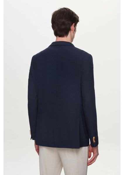 Slim Fit Lacivert Armürlü Kumaş Ceket