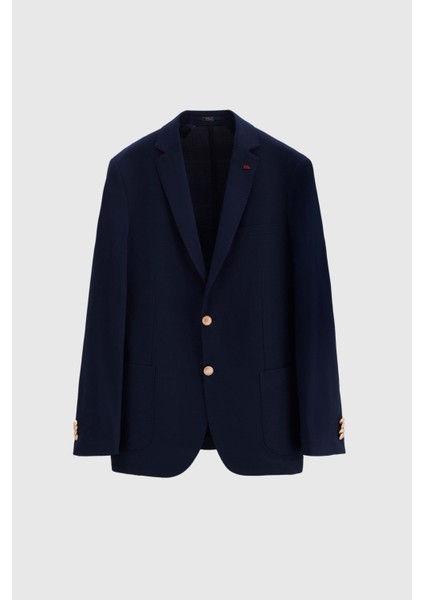 Slim Fit Lacivert Armürlü Kumaş Ceket