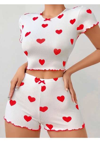 Kalp Desenli Kadın Beyaz Gecelik, Kadın Iç Giyim Gecelik Şort Kısa Kollu Atlet.