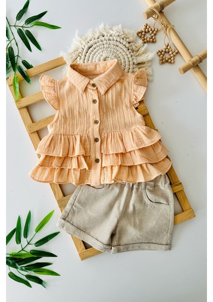 Müslin Fırfır Detaylı Kız Çocuk Şortlu takım - Kavuniçi