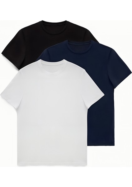 3'lü Basic Regular Fit Pamuklu Erkek Siyah Lacivert Beyaz Tişört