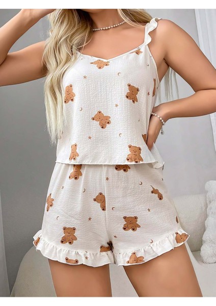 Pileli Ayıcık Desenli Kadın Rahat Gecelik Takım, Kadın Giyim Ev Pijama