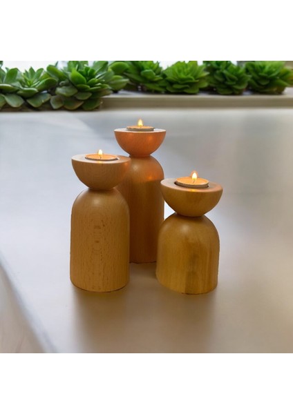 Dekoratif Ahşap Balerin 3’lü Mumluk Naturel modelleri
