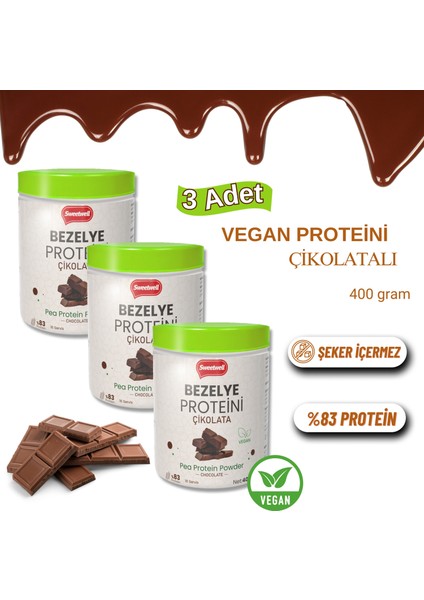 Çikolata Aromalı Vegan Bezelye Proteini Tozu 400 gr x 3 Adet - %83 Protein Içerir Pae Protein Powder Chocolate