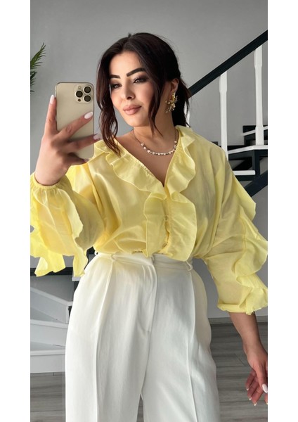Orijinal Marka Sarı Fırfırlı Gömlek