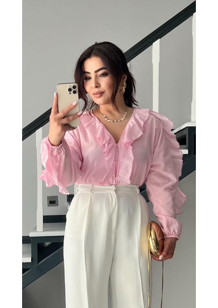 Orijinal Marka Pembe Fırfırlı Gömlek