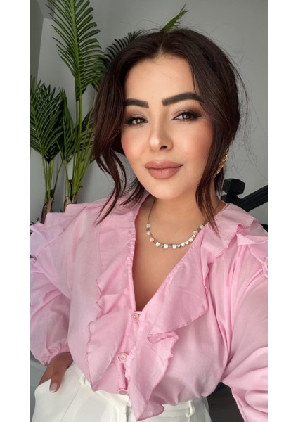 Orijinal Marka Pembe Fırfırlı Gömlek