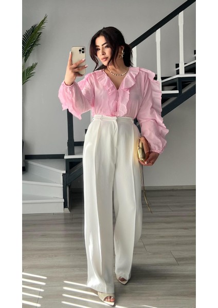 Orijinal Marka Pembe Fırfırlı Gömlek