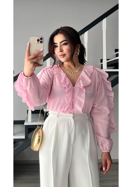 Orijinal Marka Pembe Fırfırlı Gömlek