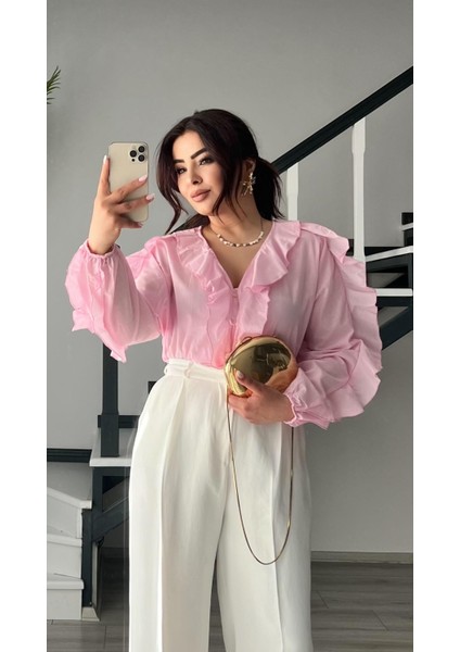 Orijinal Marka Pembe Fırfırlı Gömlek