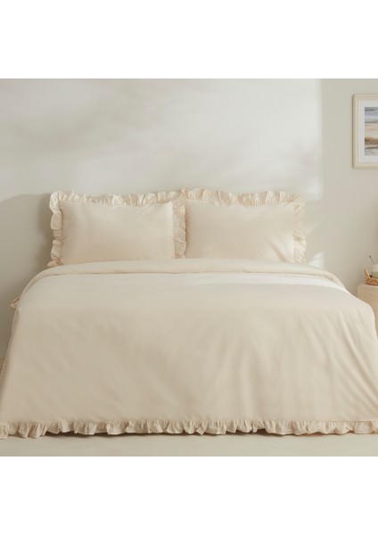 Pure Ruffle %100 Pamuk King Size Nevresim Takımı Açık Bej