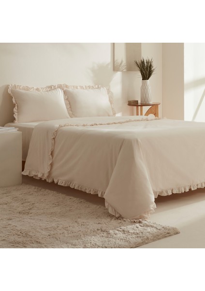 Pure Ruffle %100 Pamuk King Size Nevresim Takımı Açık Bej fiyatları