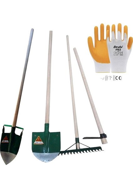9 Parça Bağ Bahçe Set Saplı Fide Dikme Bel Depkili Kürek Tırmık Üçgen Çapa + Eldiven