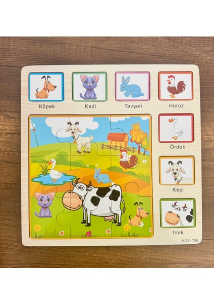 1 Adet Hayvan Figürlü Ahşap Puzzle-Masif Bultak-Kedi,köpek,tavşan 16PARÇA Puzzle