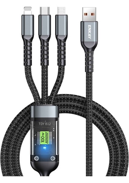 1,2 M 3'ü 1 Arada Şarj Kablosu USB A'dan Ip+Type-C+Micro USB 5A Gösterge Işıklı Hızlı Şarj Kablosu