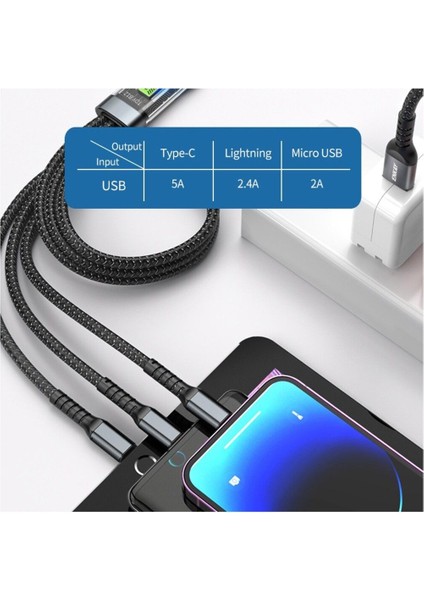 1,2 M 3'ü 1 Arada Şarj Kablosu USB A'dan Ip+Type-C+Micro USB 5A Gösterge Işıklı Hızlı Şarj Kablosu