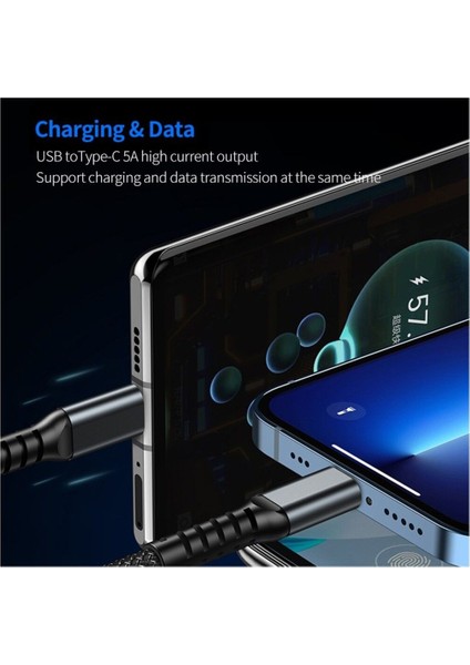 1,2 M 3'ü 1 Arada Şarj Kablosu USB A'dan Ip+Type-C+Micro USB 5A Gösterge Işıklı Hızlı Şarj Kablosu