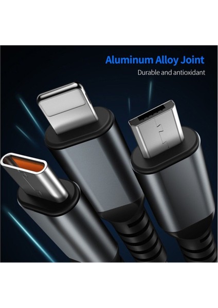 1,2 M 3'ü 1 Arada Şarj Kablosu USB A'dan Ip+Type-C+Micro USB 5A Gösterge Işıklı Hızlı Şarj Kablosu
