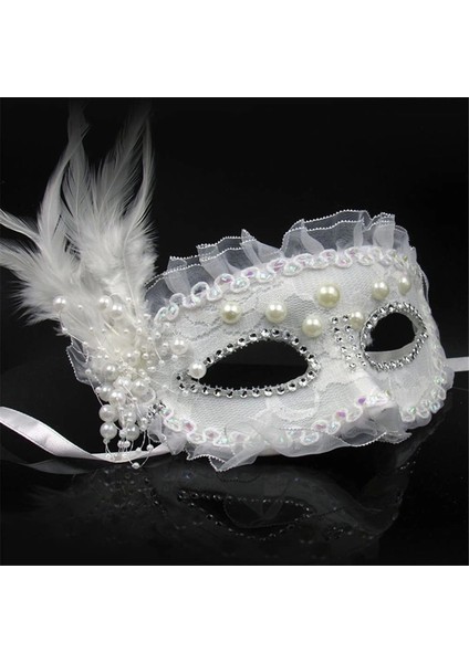Beyaz Renk Yandan Tüylü Inci Işlemeli Taşlı Dantelli Parti Maskesi 17x12 Cm fiyatları