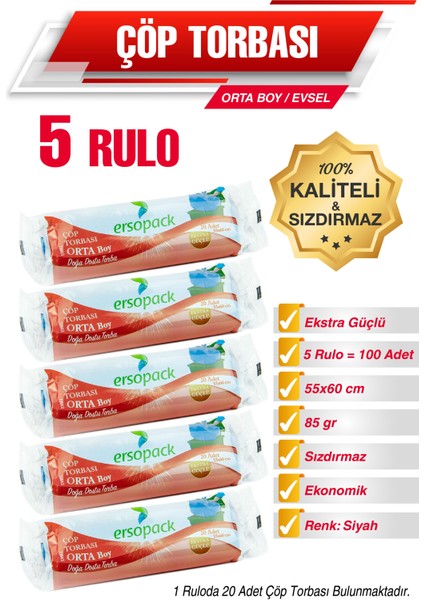 Ersopack Ortaboy Çöp Torbası 5 Rulo