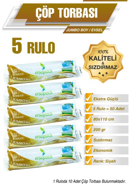 Ersopack Jumbo Boy Çöp Torbası 5 Rulo