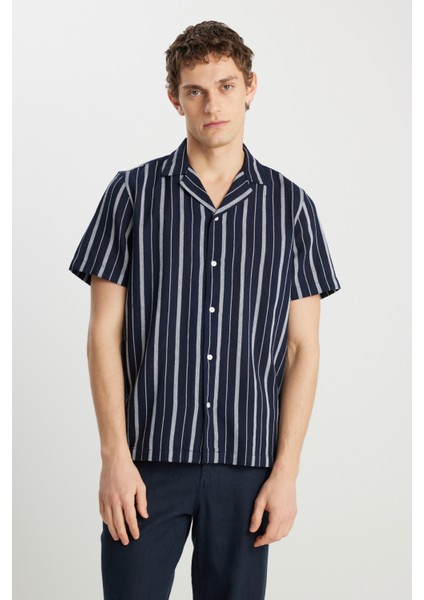 %100 Pamuk Relaxed Fit Geniş Kesim Lacivert Gömlek
