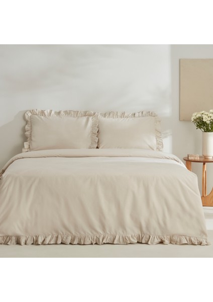 Pure Ruffle %100 Pamuk Tek Kişilik Nevresim Takımı Ekru