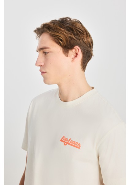 %100 Pamuk Relaxed Fit Geniş Kesim Bisiklet Yaka Baskılı Ekru Tişört fırsatları