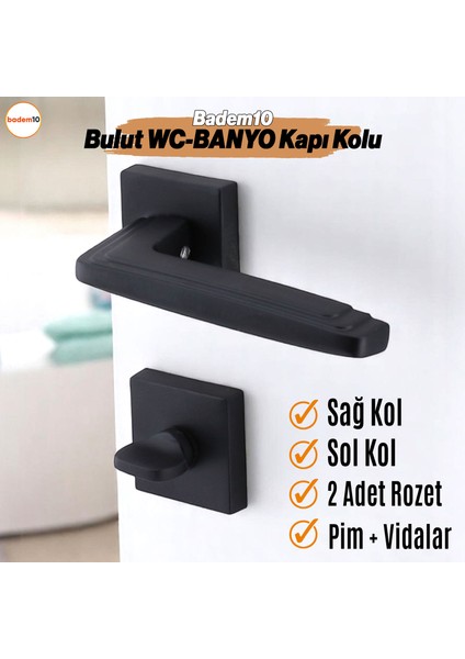 Bulut Wc - Banyo Siyah Kapı Kolu Kare Rozetli Sağa Sola Uygun Ev Kapı Kolları Kilitlenebilir 1 Takım