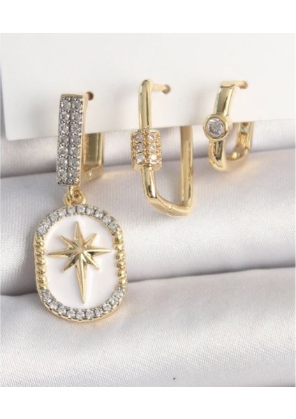 Pirinç Gold Renk Sallantı Zirkon Taş Işlmeli Yıldız Portre Model 3'lü Kadın Kombin Küpe