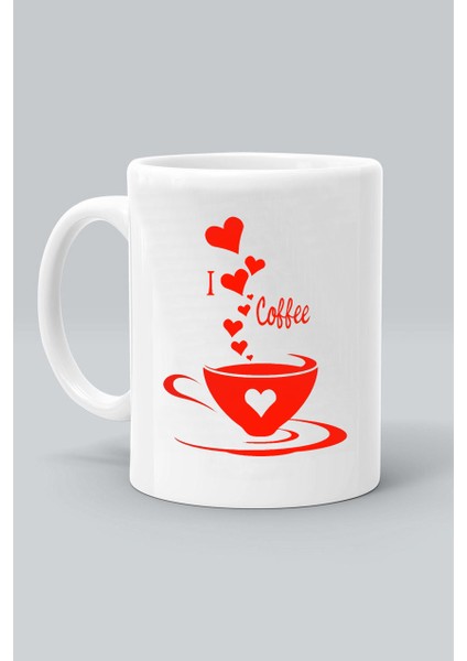 I Love Coffee Kalp Baskılı Beyaz Kupa Bardak