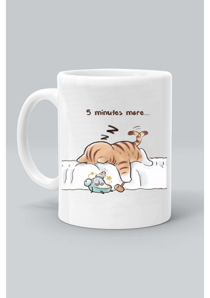 5 Minutes More Uykucu Kedi 5 Dakika Daha Baskılı Beyaz Kupa Bardak