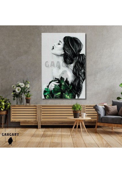 Tekli Dikey Kanvas Duvar Tablosu Siyah Yeşil Kadın Silüeti