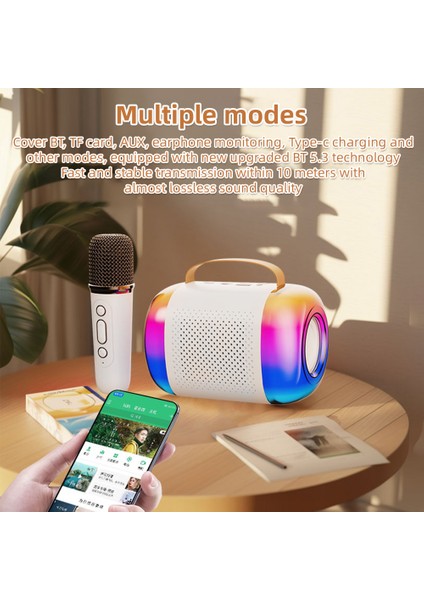 Mini Karaoke Makinası Kablosuz 2 Mikrofon Şarj Edilebilir LED Renkli Işık (Yurt Dışından)