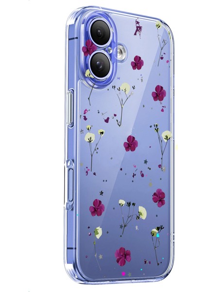 Iphone 16 Plus Uyumlu Desenli Şeffaf Silikon Kılıf Morçiçekler