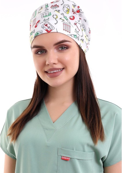 Dijital Unisex Desenli Bone - 6518 Beyaz Sağlık Sembolleri