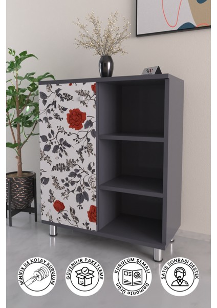 3 Raflı Tek Kapak Floral Çok Amaçlı Dolabı Mutfak Kiler Banyo Balkon Erzak Dolabı