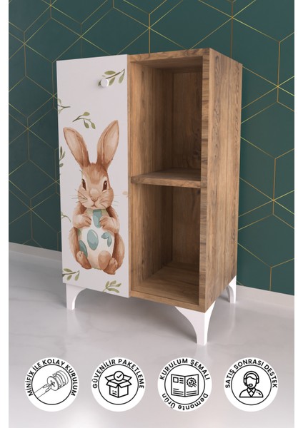 2 Raflı Tek Kapak Pretty Rabit Çocuk Odası Çok Amaçlı Dolabı