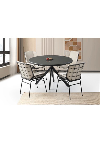 Ahşap Yuvarlak Açılır Büyüyen Yemek Masa Sandalye Takımı 4 Yonca Sandalyeli Parlak Koyu Gri