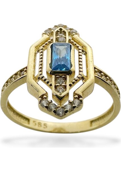 Üst Kalite Baget Aquamarine Taşlı 14 Ayar Altın Yüzük