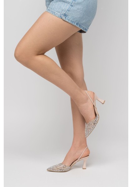 Bej Günlük Arkası Açık Taşlı Topuklu Bayan Ayakkabı fiyatları