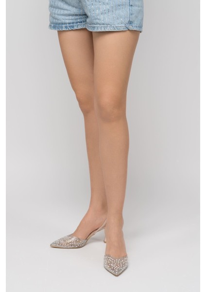 Bej Günlük Arkası Açık Taşlı Topuklu Bayan Ayakkabı modelleri