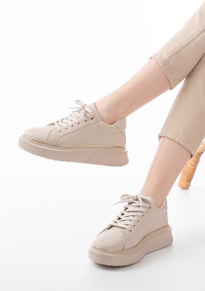 Bej Roze Bağcıklı Dikişli Günlük Spor Ayakkabı