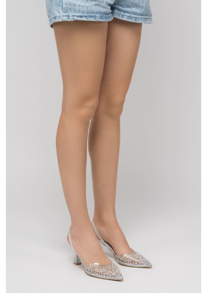 Gümüş Günlük Arkası Açık Taşlı Topuklu Bayan Ayakkabı modelleri