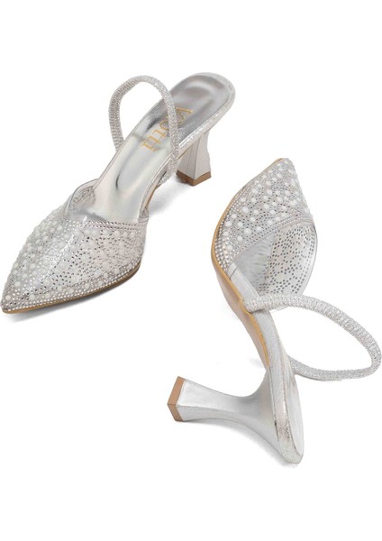 Gümüş Günlük Arkası Açık Taşlı Topuklu Bayan Ayakkabı fırsatları