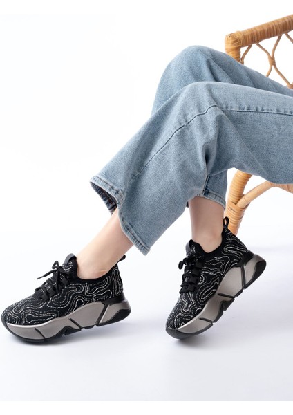 Siyah Bağcıklı Fileli Taşlı Platin Taban Günlük Kadın Spor